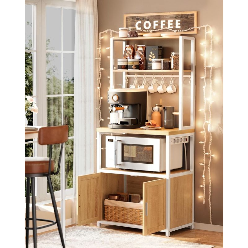 Casa si Gradina - Mobilier - Comode si corpuri - Corpuri bucatarie - Raft bucatarie cu 4 prize, blat de lucru 90 cm, raft microunde, dulap si carlige, 40x60x170 cm, alb si stejar - Infinity.ro