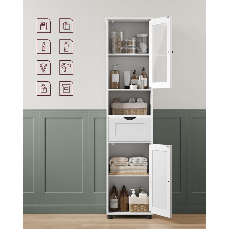 Casa si Gradina - Mobilier - Mobilier baie - Corpuri baie - Dulap de baie tip coloana, cu raft deschis, sertar si usa din sticla, rafturi reglabile, 30x40x165 cm, alb - Infinity.ro