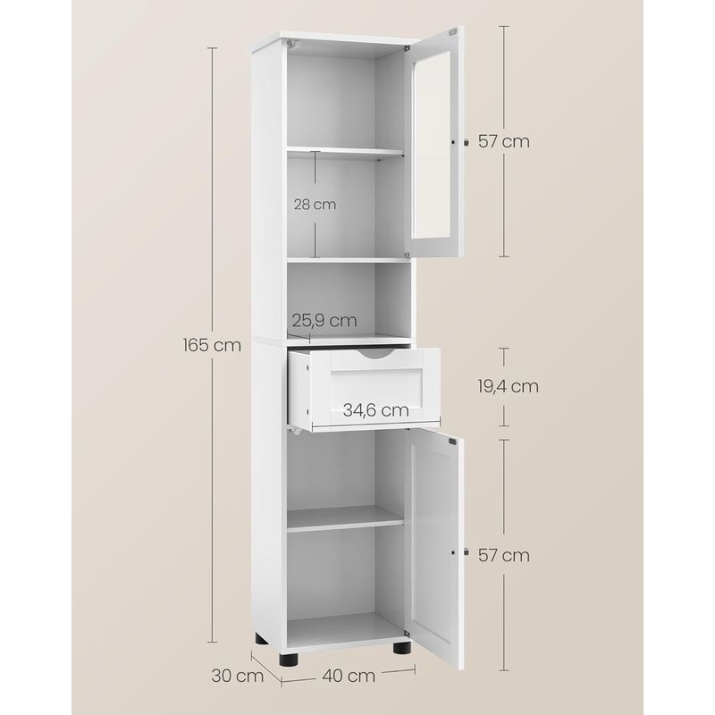 Casa si Gradina - Mobilier - Mobilier baie - Corpuri baie - Dulap de baie tip coloana, cu raft deschis, sertar si usa din sticla, rafturi reglabile, 30x40x165 cm, alb - Infinity.ro