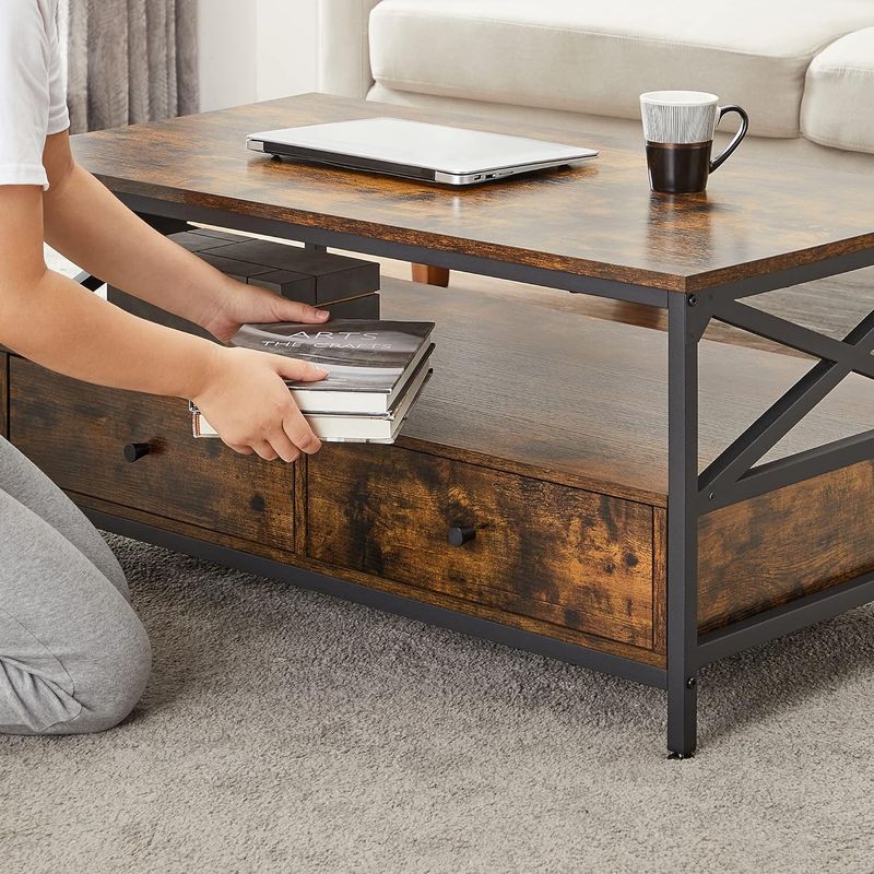 Casa si Gradina - Mobilier - Mese si birouri - Masute de cafea - Masuta cafea cu 2 sertare si compartiment deschis, structura metalica, stil industrial, 100x55x45 cm, maro rustic - Infinity.ro