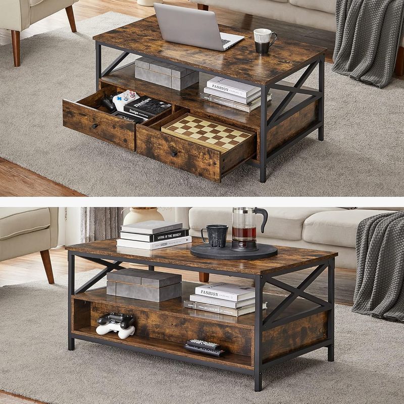 Casa si Gradina - Mobilier - Mese si birouri - Masute de cafea - Masuta cafea cu 2 sertare si compartiment deschis, structura metalica, stil industrial, 100x55x45 cm, maro rustic - Infinity.ro