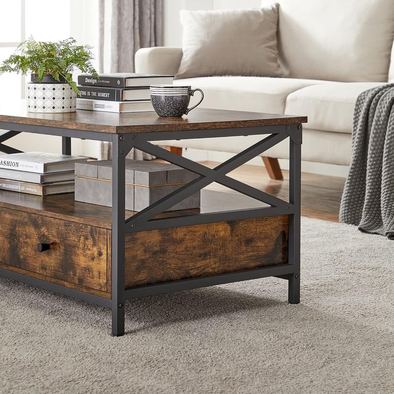 Casa si Gradina - Mobilier - Mese si birouri - Masute de cafea - Masuta cafea cu 2 sertare si compartiment deschis, structura metalica, stil industrial, 100x55x45 cm, maro rustic - Infinity.ro