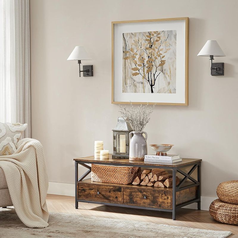 Casa si Gradina - Mobilier - Mese si birouri - Masute de cafea - Masuta cafea cu 2 sertare si compartiment deschis, structura metalica, stil industrial, 100x55x45 cm, maro rustic - Infinity.ro