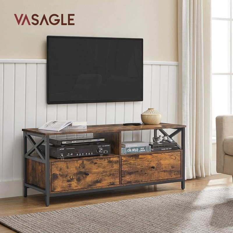 Casa si Gradina - Mobilier - Comode si corpuri - Comode - Comoda TV cu 2 sertare si 2 rafturi, cadru metalic, stil industrial, 120x40x50 cm, maro rustic - Infinity.ro