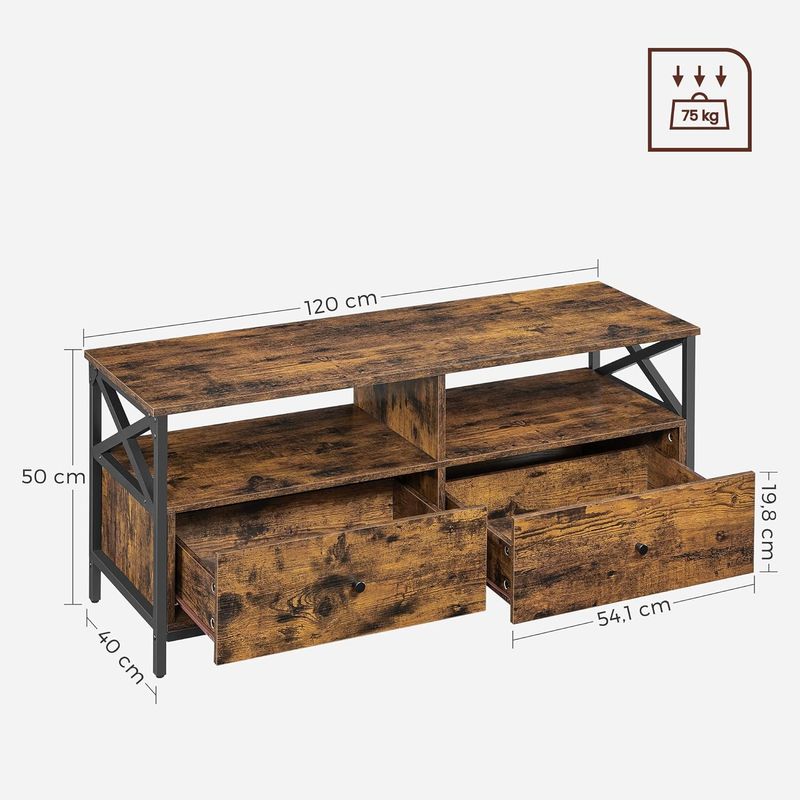 Casa si Gradina - Mobilier - Comode si corpuri - Comode - Comoda TV cu 2 sertare si 2 rafturi, cadru metalic, stil industrial, 120x40x50 cm, maro rustic - Infinity.ro