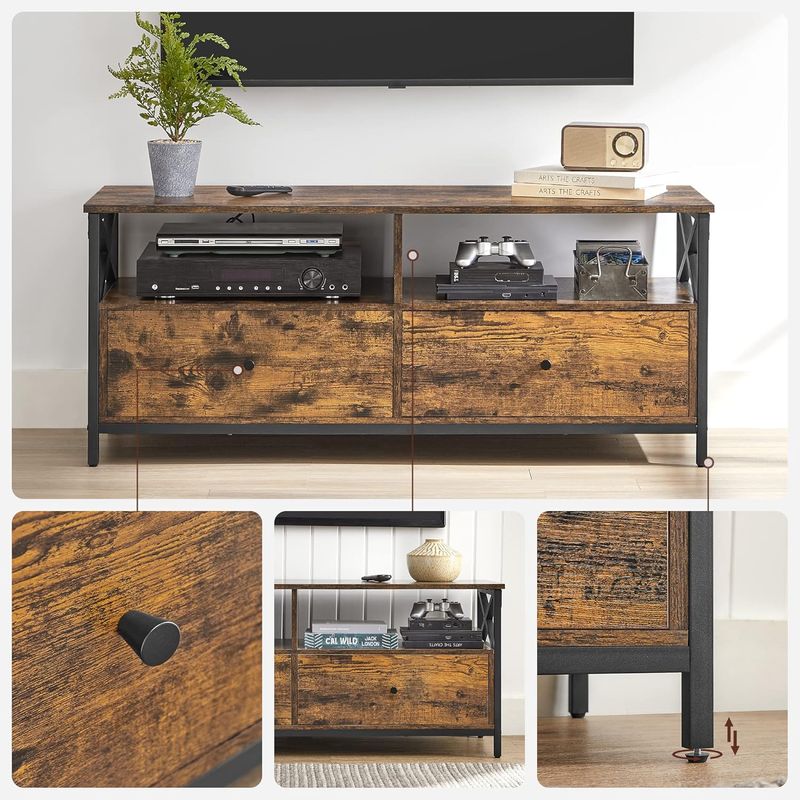 Casa si Gradina - Mobilier - Comode si corpuri - Comode - Comoda TV cu 2 sertare si 2 rafturi, cadru metalic, stil industrial, 120x40x50 cm, maro rustic - Infinity.ro