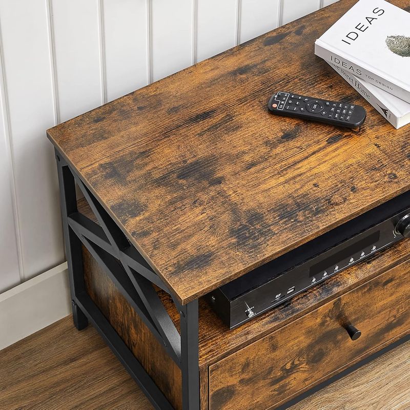 Casa si Gradina - Mobilier - Comode si corpuri - Comode - Comoda TV cu 2 sertare si 2 rafturi, cadru metalic, stil industrial, 120x40x50 cm, maro rustic - Infinity.ro