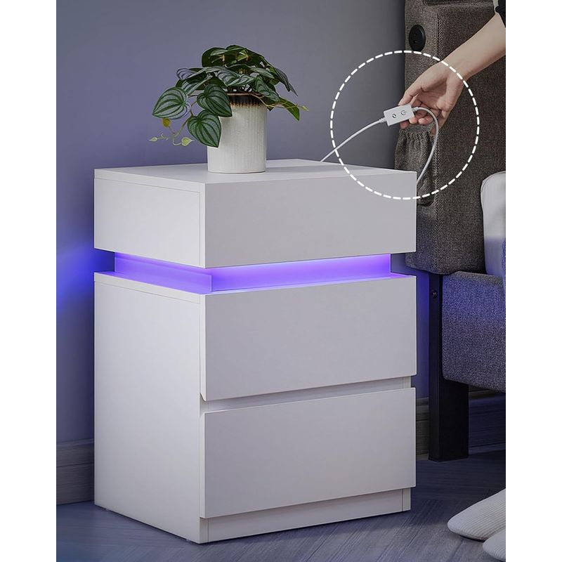 Casa si Gradina - Mobilier - Comode si corpuri - Noptiere - Set 2 noptiere din MDF cu iluminare LED, culori si intensitate reglabile, 35x40x55cm, alb - Infinity.ro