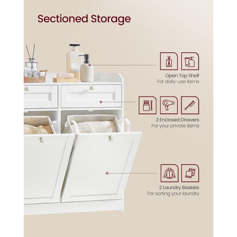 Market - Spalare si intretinere rufe - Uscatoare de rufe si accesorii - Dulap baie de podea, 2 cosuri de rufe integrate cu saci detasabili, 2 sertare, 79x40x80 cm, alb - Infinity.ro