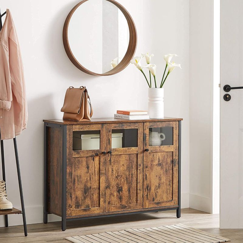 Casa si Gradina - Mobilier - Comode si corpuri - Comode - Comoda cu 3 usi din sticla, cadru metalic, stil industrial, 35x100x75 cm, maro rustic - Infinity.ro