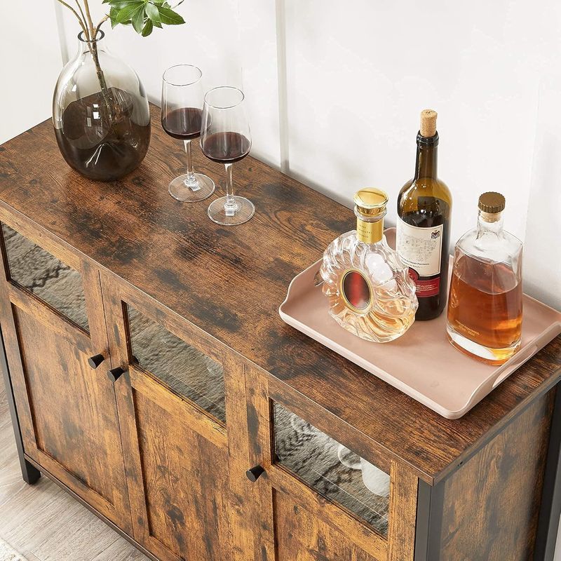 Casa si Gradina - Mobilier - Comode si corpuri - Comode - Comoda cu 3 usi din sticla, cadru metalic, stil industrial, 35x100x75 cm, maro rustic - Infinity.ro