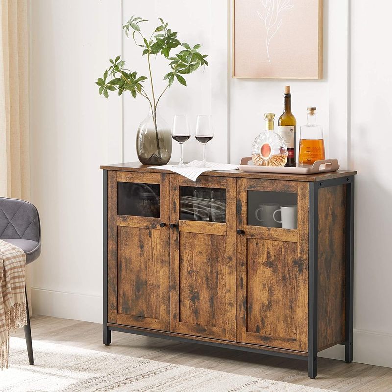 Casa si Gradina - Mobilier - Comode si corpuri - Comode - Comoda cu 3 usi din sticla, cadru metalic, stil industrial, 35x100x75 cm, maro rustic - Infinity.ro