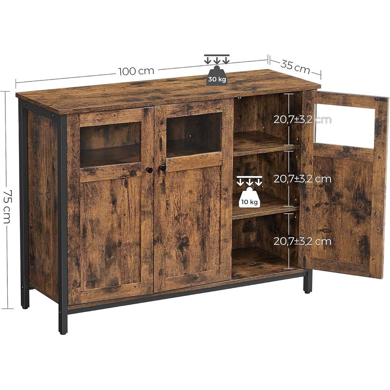 Casa si Gradina - Mobilier - Comode si corpuri - Comode - Comoda cu 3 usi din sticla, cadru metalic, stil industrial, 35x100x75 cm, maro rustic - Infinity.ro