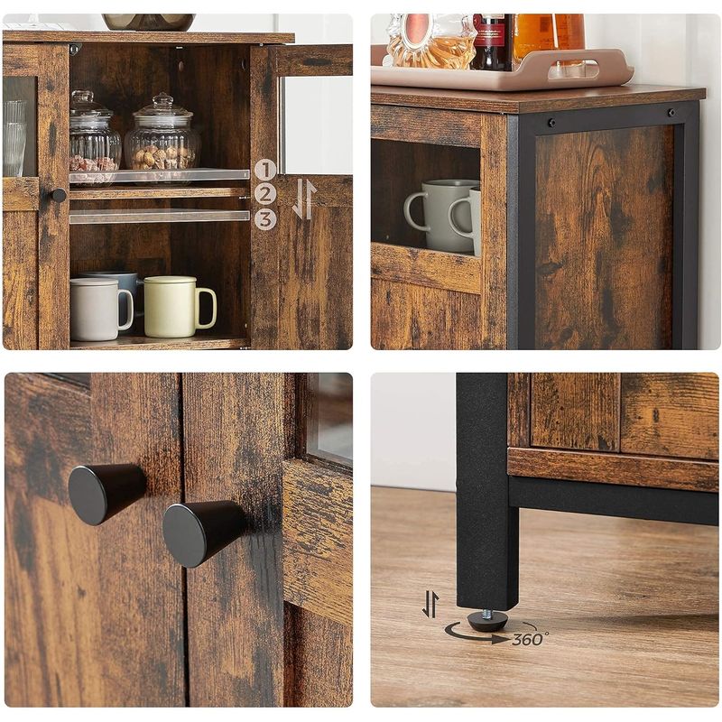 Casa si Gradina - Mobilier - Comode si corpuri - Comode - Comoda cu 3 usi din sticla, cadru metalic, stil industrial, 35x100x75 cm, maro rustic - Infinity.ro