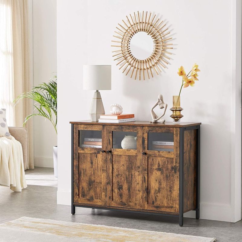 Casa si Gradina - Mobilier - Comode si corpuri - Comode - Comoda cu 3 usi din sticla, cadru metalic, stil industrial, 35x100x75 cm, maro rustic - Infinity.ro