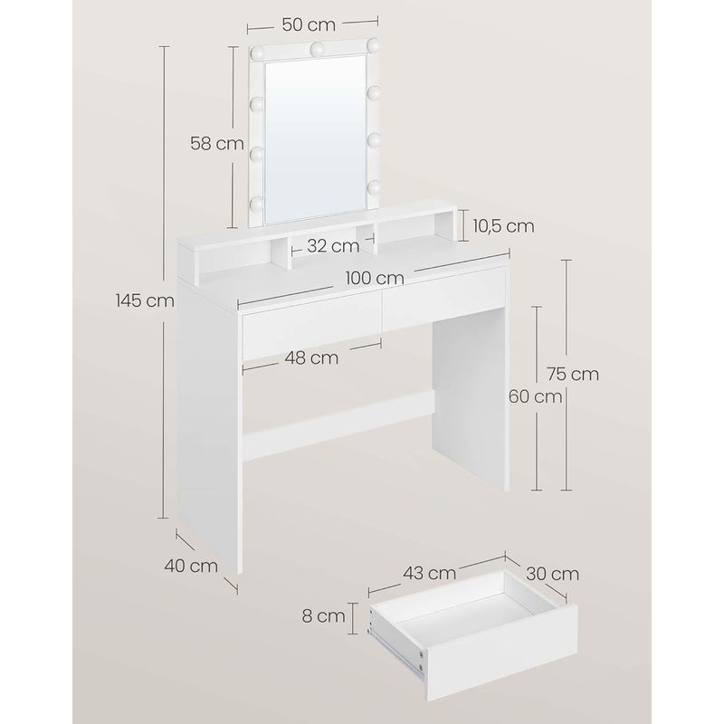Casa si Gradina - Mobilier - Comode si corpuri - Masute de toaleta - Masa de toaleta cu oglinda LED cu luminozitate reglabila, 2 sertare si 3 compartimente, 100x40x145 cm, alb - Infinity.ro