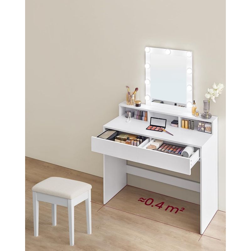 Casa si Gradina - Mobilier - Comode si corpuri - Masute de toaleta - Masa de toaleta cu oglinda LED cu luminozitate reglabila, 2 sertare si 3 compartimente, 100x40x145 cm, alb - Infinity.ro