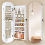 Fashion, accesorii si bijuterii - Femei - Bijuterii femei - Cutii bijuterii - Dulap pentru bijuterii cu oglinda si LED, montare pe perete sau usa, inchidere cu cheie, 42x10x108 cm, alb - Infinity.ro