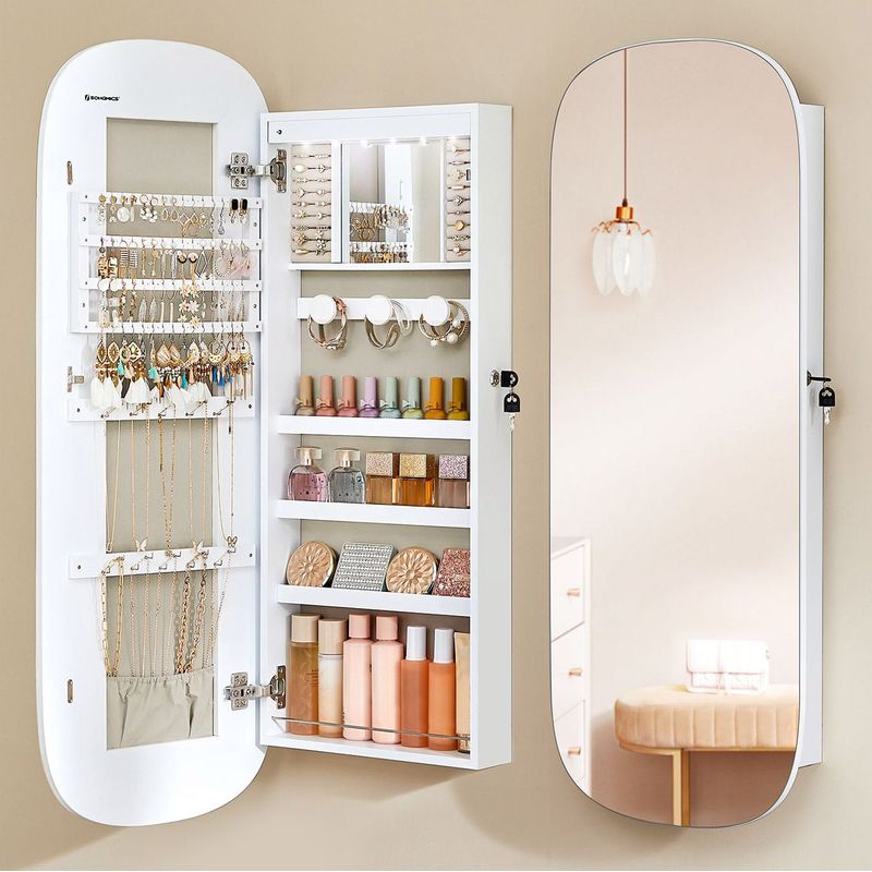 Fashion, accesorii si bijuterii - Femei - Bijuterii femei - Cutii bijuterii - Dulap pentru bijuterii cu oglinda si LED, montare pe perete sau usa, inchidere cu cheie, 42x10x108 cm, alb - Infinity.ro