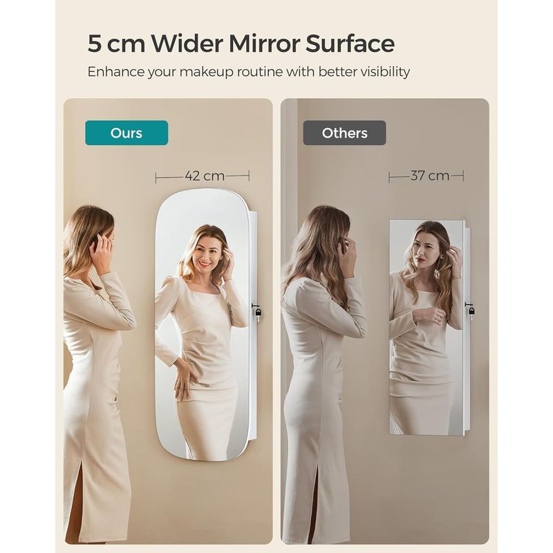 Fashion, accesorii si bijuterii - Femei - Bijuterii femei - Cutii bijuterii - Dulap pentru bijuterii cu oglinda si LED, montare pe perete sau usa, inchidere cu cheie, 42x10x108 cm, alb - Infinity.ro