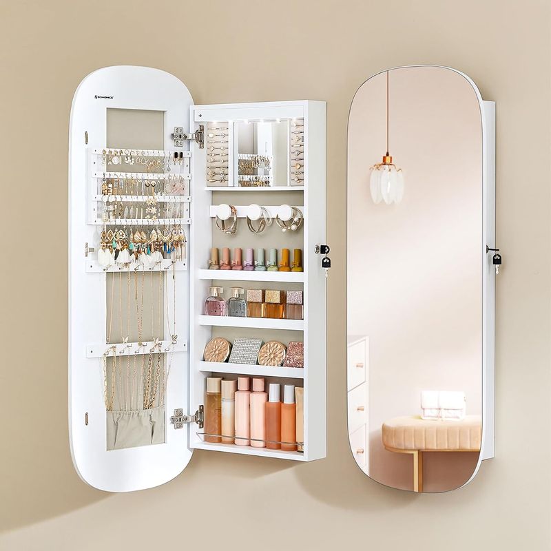 Fashion, accesorii si bijuterii - Femei - Bijuterii femei - Cutii bijuterii - Dulap pentru bijuterii cu oglinda si LED, montare pe perete sau usa, inchidere cu cheie, 42x10x108 cm, alb - Infinity.ro