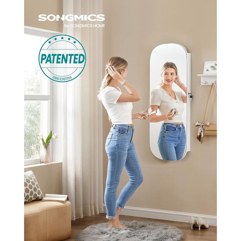 Fashion, accesorii si bijuterii - Femei - Bijuterii femei - Cutii bijuterii - Dulap pentru bijuterii cu oglinda si LED, montare pe perete sau usa, inchidere cu cheie, 42x10x108 cm, alb - Infinity.ro