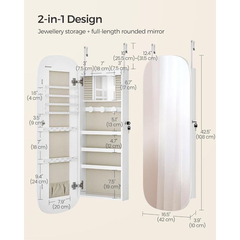 Fashion, accesorii si bijuterii - Femei - Bijuterii femei - Cutii bijuterii - Dulap pentru bijuterii cu oglinda si LED, montare pe perete sau usa, inchidere cu cheie, 42x10x108 cm, alb - Infinity.ro