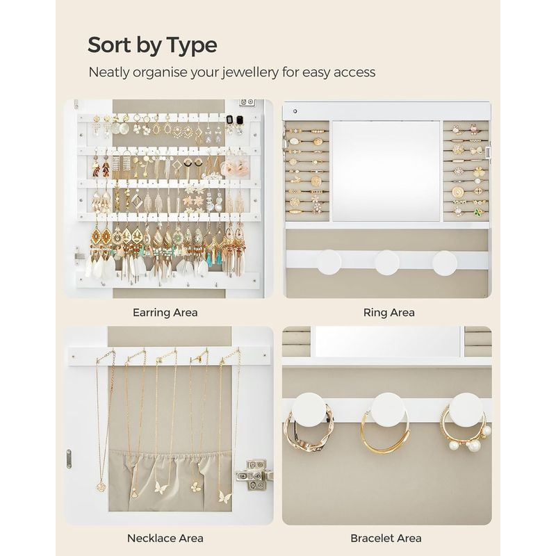 Fashion, accesorii si bijuterii - Femei - Bijuterii femei - Cutii bijuterii - Dulap pentru bijuterii cu oglinda si LED, montare pe perete sau usa, inchidere cu cheie, 42x10x108 cm, alb - Infinity.ro