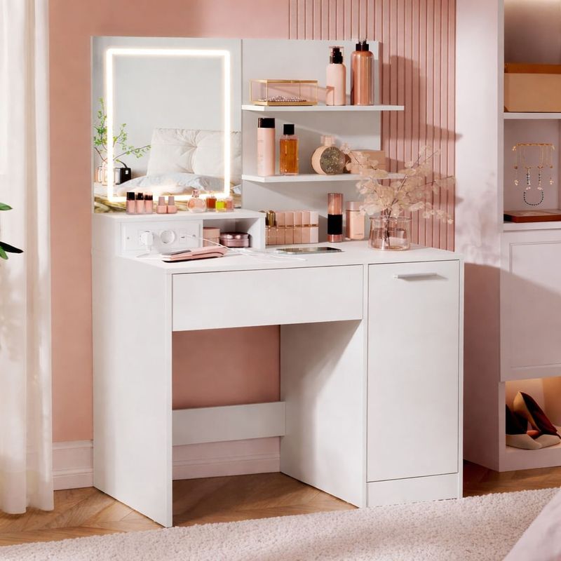 Casa si Gradina - Mobilier - Comode si corpuri - Masute de toaleta - Masa de toaleta Kailyn cu oglinda LED si priza integrata, porturi USB, sertar, rafturi si dulap, PAL, 80x40x132 cm, alb - Infinity.ro