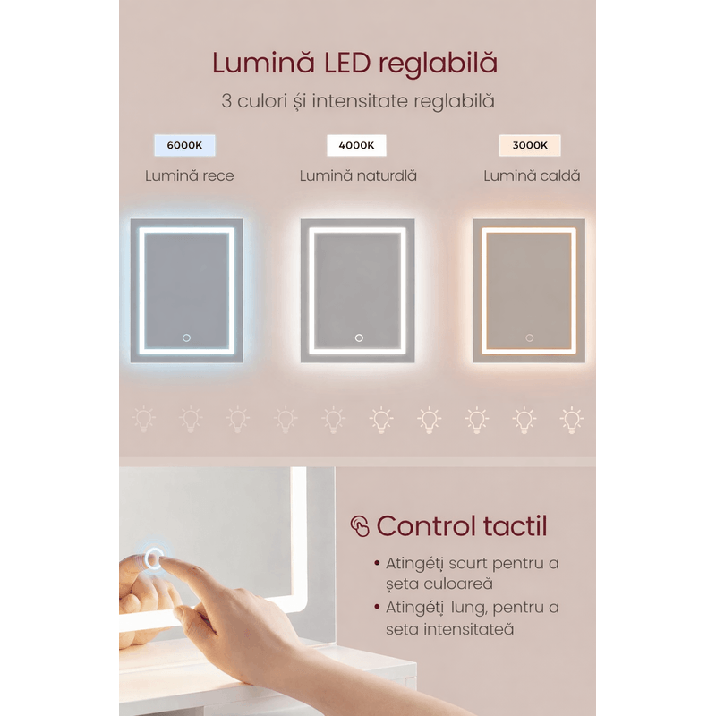 Casa si Gradina - Mobilier - Comode si corpuri - Masute de toaleta - Masa de toaleta Kailyn cu oglinda LED si priza integrata, porturi USB, sertar, rafturi si dulap, PAL, 80x40x132 cm, alb - Infinity.ro