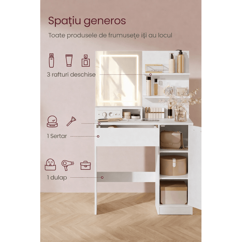 Casa si Gradina - Mobilier - Comode si corpuri - Masute de toaleta - Masa de toaleta Kailyn cu oglinda LED si priza integrata, porturi USB, sertar, rafturi si dulap, PAL, 80x40x132 cm, alb - Infinity.ro