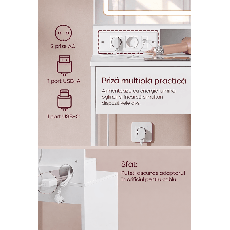 Casa si Gradina - Mobilier - Comode si corpuri - Masute de toaleta - Masa de toaleta Kailyn cu oglinda LED si priza integrata, porturi USB, sertar, rafturi si dulap, PAL, 80x40x132 cm, alb - Infinity.ro