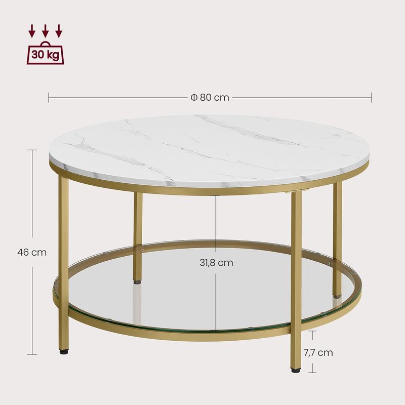 Casa si Gradina - Mobilier - Mese si birouri - Masute de cafea - Masa de cafea rotunda cu blat din imitatie de marmura, polita suplimentara din sticla, 80x45cm, alb si auriu - Infinity.ro
