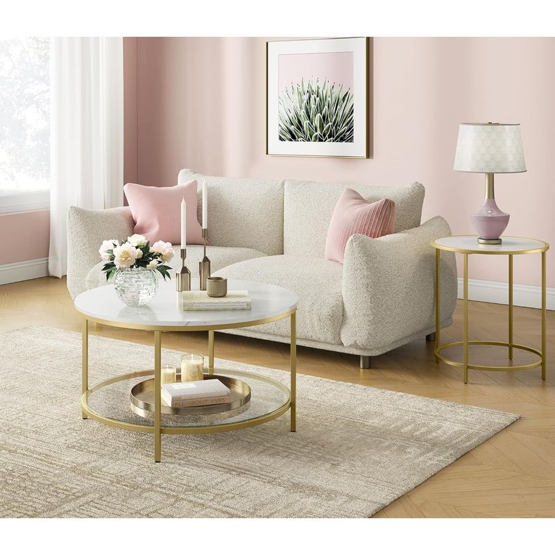 Casa si Gradina - Mobilier - Mese si birouri - Masute de cafea - Masa de cafea rotunda cu blat din imitatie de marmura, polita suplimentara din sticla, 80x45cm, alb si auriu - Infinity.ro