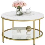 Casa si Gradina - Mobilier - Mese si birouri - Masute de cafea - Masa de cafea rotunda cu blat din imitatie de marmura, polita suplimentara din sticla, 80x45cm, alb si auriu - Infinity.ro