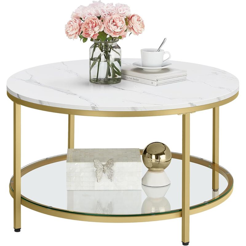 Casa si Gradina - Mobilier - Mese si birouri - Masute de cafea - Masa de cafea rotunda cu blat din imitatie de marmura, polita suplimentara din sticla, 80x45cm, alb si auriu - Infinity.ro