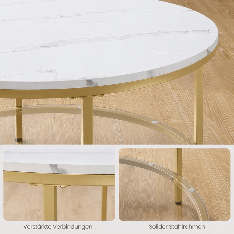 Casa si Gradina - Mobilier - Mese si birouri - Masute de cafea - Masa de cafea rotunda cu blat din imitatie de marmura, polita suplimentara din sticla, 80x45cm, alb si auriu - Infinity.ro