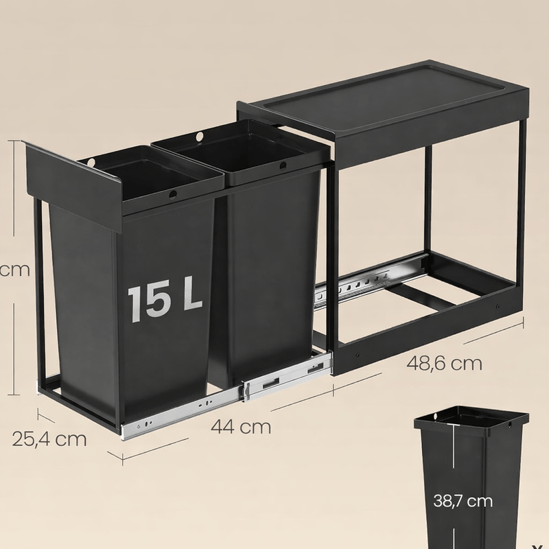 Casa si Gradina - Mobilier - Organizare si depozitare - Cosuri de gunoi - Cos de gunoi incorporabil in mobila, cu 2 compartimente 2x15L, cadru metalic extensibil, 48x25x44 cm, negru - Infinity.ro