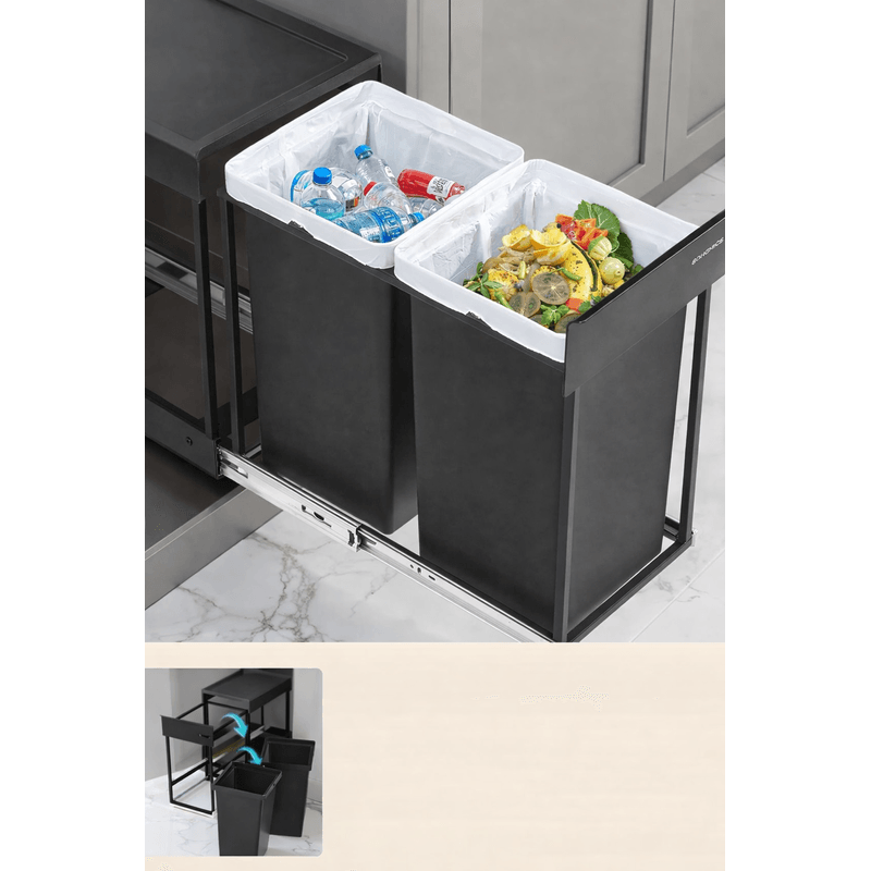 Casa si Gradina - Mobilier - Organizare si depozitare - Cosuri de gunoi - Cos de gunoi incorporabil in mobila, cu 2 compartimente 2x15L, cadru metalic extensibil, 48x25x44 cm, negru - Infinity.ro