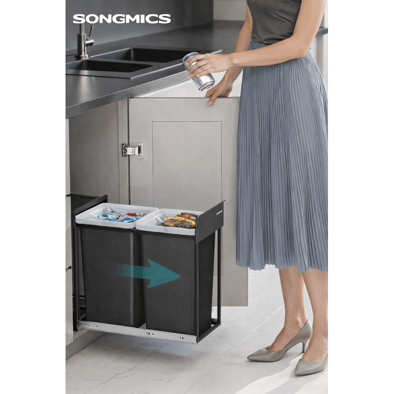 Casa si Gradina - Mobilier - Organizare si depozitare - Cosuri de gunoi - Cos de gunoi incorporabil in mobila, cu 2 compartimente 2x15L, cadru metalic extensibil, 48x25x44 cm, negru - Infinity.ro