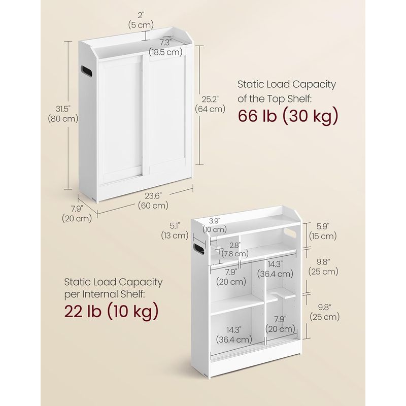 Casa si Gradina - Mobilier - Mobilier baie - Corpuri baie - Dulap baie ingust, cu suport hartie igienica si compartiment perie WC, usi glisante, rafturi reglabile, 20x60x80 cm, alb - Infinity.ro