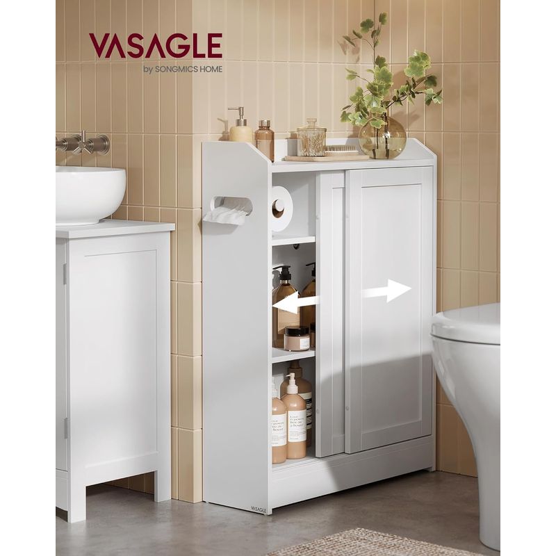 Casa si Gradina - Mobilier - Mobilier baie - Corpuri baie - Dulap baie ingust, cu suport hartie igienica si compartiment perie WC, usi glisante, rafturi reglabile, 20x60x80 cm, alb - Infinity.ro