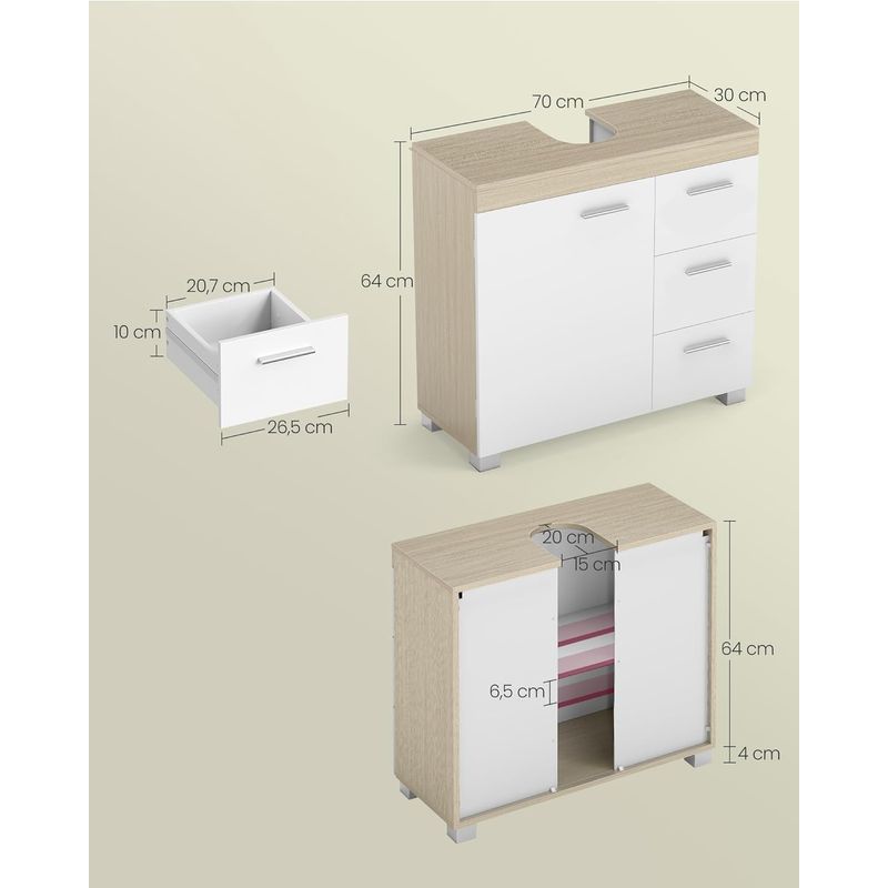 Casa si Gradina - Mobilier - Mobilier baie - Corpuri baie - Dulap lavoar baie cu 3 sertare si 2 compartimente, MDF, 30x70x64 cm, alb si bej - Infinity.ro