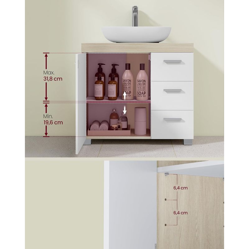 Casa si Gradina - Mobilier - Mobilier baie - Corpuri baie - Dulap lavoar baie cu 3 sertare si 2 compartimente, MDF, 30x70x64 cm, alb si bej - Infinity.ro