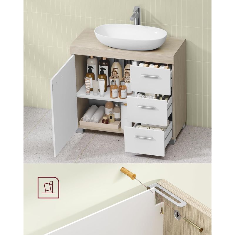 Casa si Gradina - Mobilier - Mobilier baie - Corpuri baie - Dulap lavoar baie cu 3 sertare si 2 compartimente, MDF, 30x70x64 cm, alb si bej - Infinity.ro