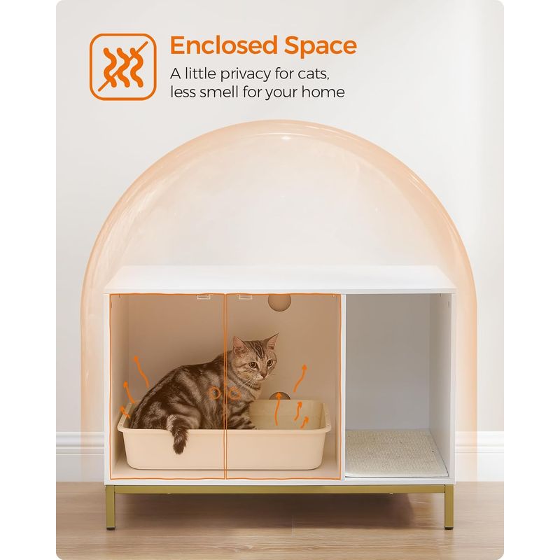 Petshop - Ingrijire si Igiena - Litiere si accesorii - Litiere acoperite - Dulap mascat pentru litiera pisici, cu cadru metalic auriu, 80x50x55 cm, alb - Infinity.ro