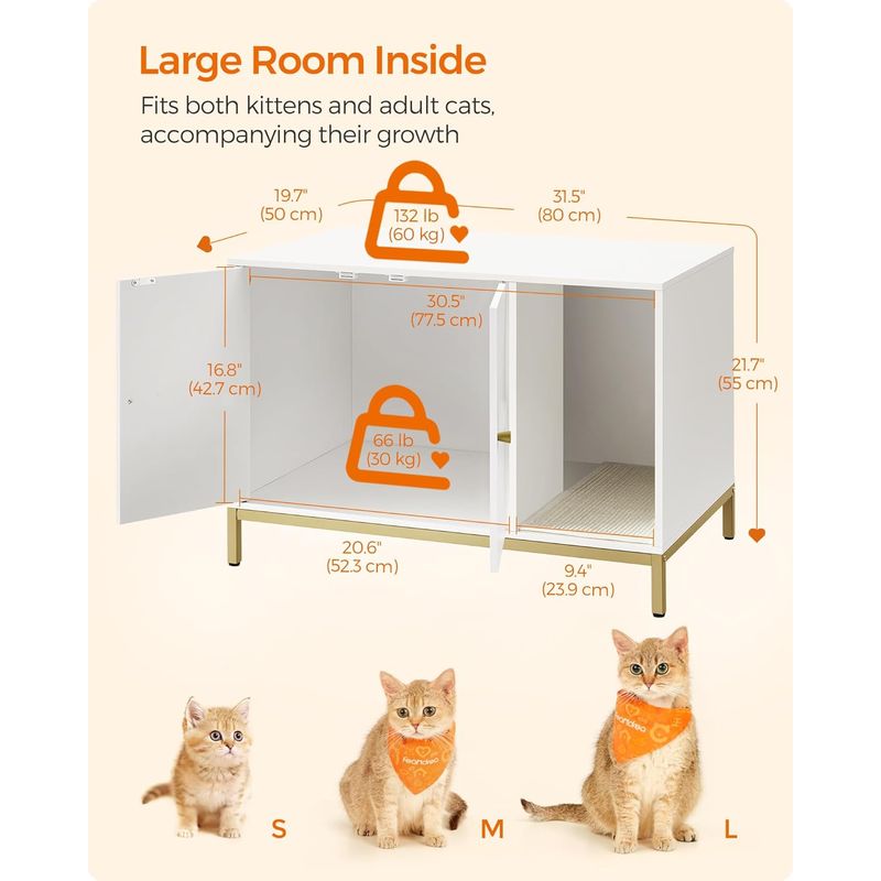 Petshop - Ingrijire si Igiena - Litiere si accesorii - Litiere acoperite - Dulap mascat pentru litiera pisici, cu cadru metalic auriu, 80x50x55 cm, alb - Infinity.ro
