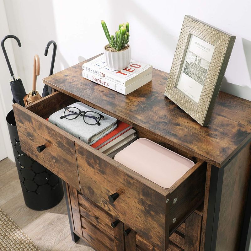 Casa si Gradina - Mobilier - Comode si corpuri - Comode - Comoda depozitare cu 2 sertare si polite, usi tip jaluzea, stil industrial, 30x70x80 cm, maro rustic - Infinity.ro