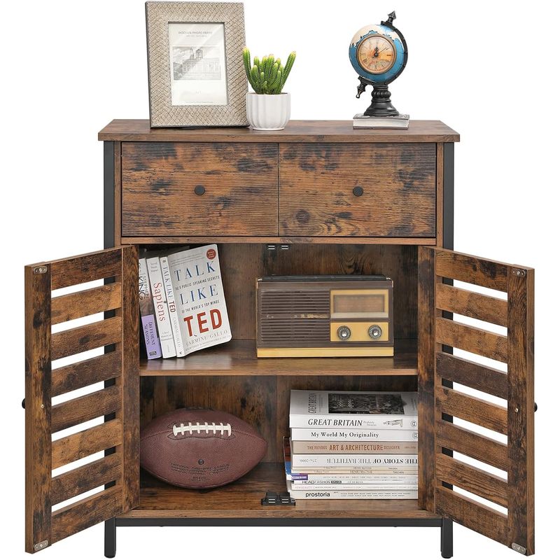 Casa si Gradina - Mobilier - Comode si corpuri - Comode - Comoda depozitare cu 2 sertare si polite, usi tip jaluzea, stil industrial, 30x70x80 cm, maro rustic - Infinity.ro