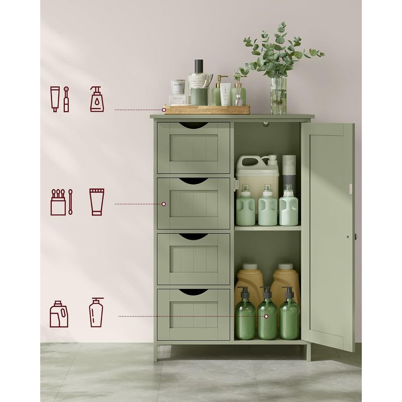 Casa si Gradina - Mobilier - Mobilier baie - Corpuri baie - Dulap de depozitare pe podea pentru baie, MDF, cu 4 sertare, 1 usa, rafturi reglabile, 30x55x82cm, verde - Infinity.ro